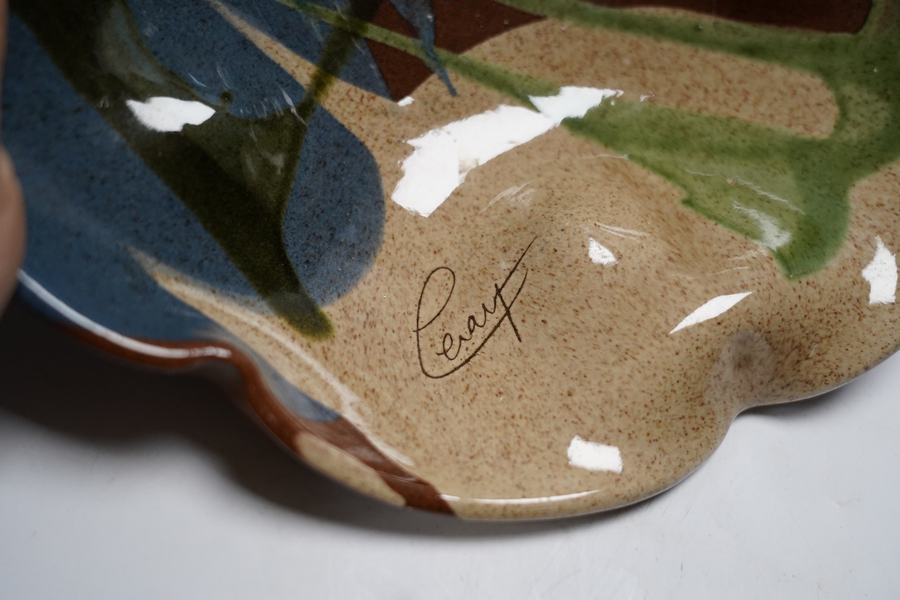 A Raku ware pottery vase, a Leiard dish, a dish and a grey glazed vase, Raku vase 17.5cm high